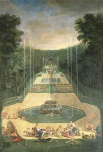 ベルサイユの果樹園。金星と天使が弓と矢で練習している3つの噴水の眺め、1688年